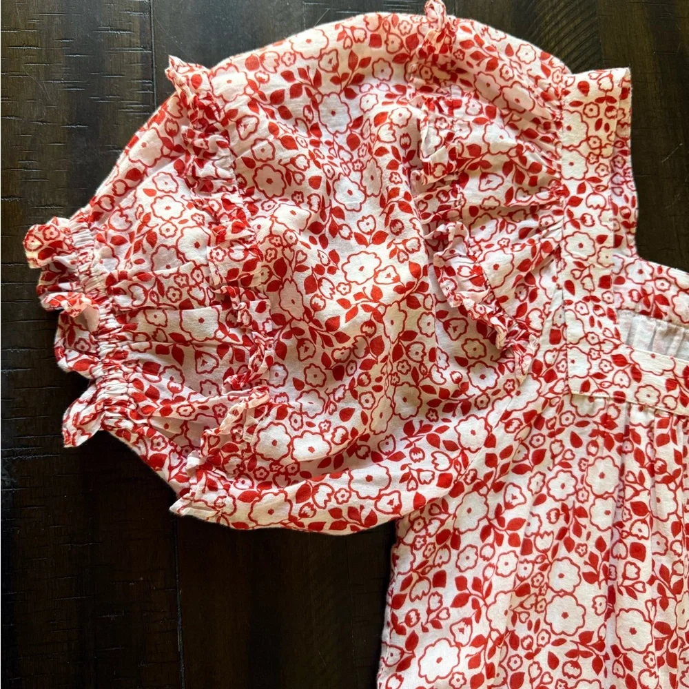 Red & White Floral‎ Square Neck Puff Sleeve Cotton Dress size Small - Picture 10 of 10